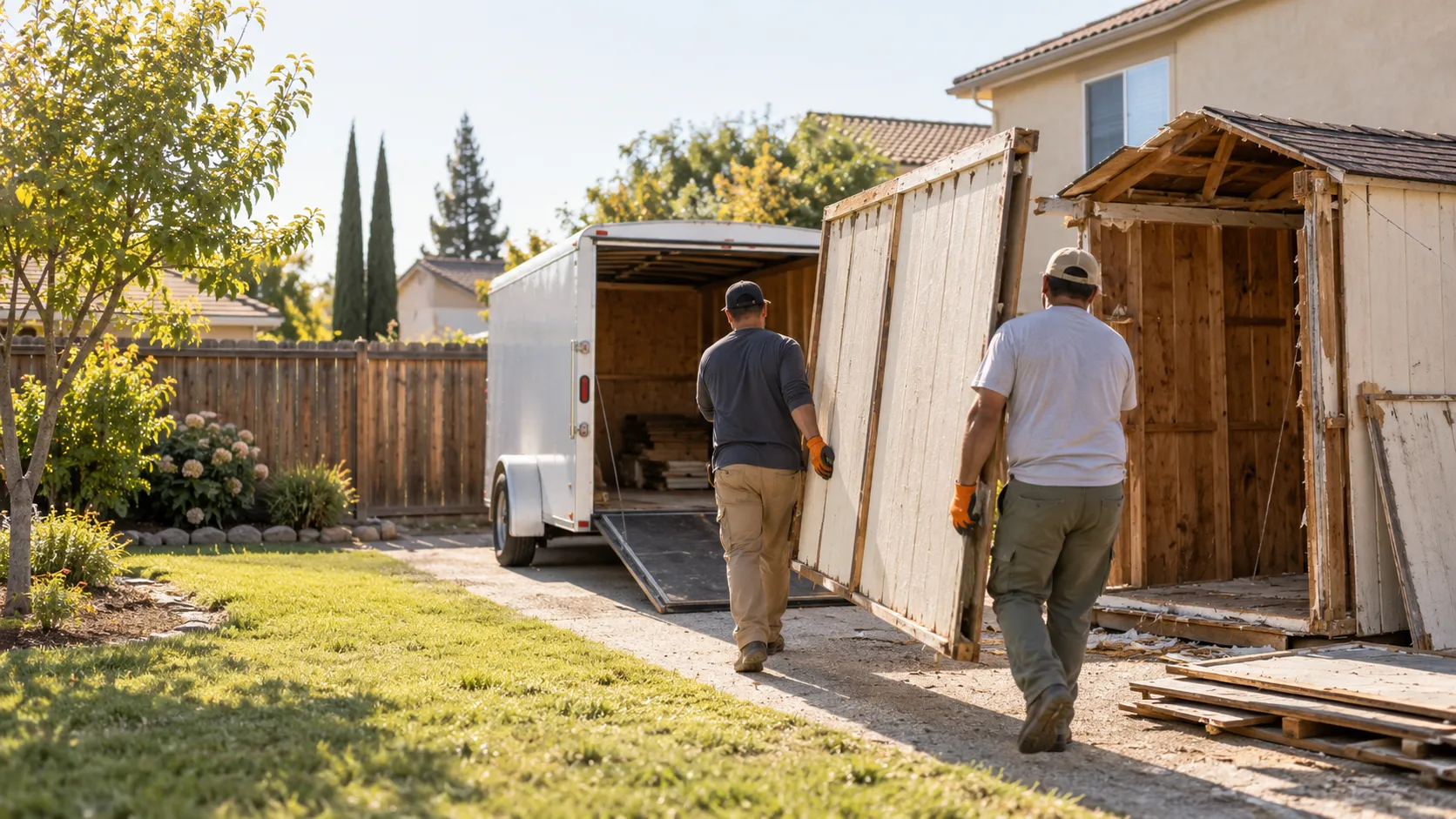 Shed removal work in a California backyard